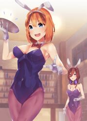 Rule 34 | !, !!, 2girls, :d, absurdres, alternate costume, animal ears, blue eyes, bow, bowtie, breasts, brown hair, brown pantyhose, cleavage, commentary request, covered navel, detached collar, fake animal ears, gloves, go-toubun no hanayome, hair between eyes, headphones, headphones around neck, highleg, highleg leotard, highres, indoors, large breasts, leotard, long hair, long hair between eyes, looking at another, medium breasts, multiple girls, nakano miku, nakano yotsuba, nikku hikikomori, open mouth, orange hair, pantyhose, playboy bunny, rabbit ears, red bow, red bowtie, siblings, smile, strapless, strapless leotard, traditional bowtie, twins, white gloves