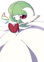 Rule 34 | 1girl, arms up, bob cut, colored skin, creatures (company), dress, elbow gloves, female focus, flat chest, game freak, gardevoir, gen 3 pokemon, gloves, green hair, hair over one eye, hand on own chest, highres, kanoi 70, looking at viewer, mega gardevoir, mega pokemon, nintendo, one eye covered, open mouth, outstretched arm, pokemon, pokemon (creature), red eyes, short hair, simple background, solo, strapless, strapless dress, white background, white dress, white skin, white theme
