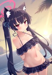 Rule 34 | 1girl, animal ear fluff, animal ears, arms behind back, beach, black hair, blue archive, blush, cat ears, cat girl, closed mouth, day, frown, halo, lolikaku, long hair, looking at viewer, miniskirt, navel, ocean, outdoors, palm tree, purple eyes, serika (blue archive), serika (swimsuit) (blue archive), skirt, solo, standing, sun, tree, twintails
