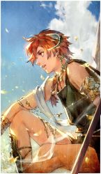 Rule 34 | 1boy, alexander (fate), armlet, armor, bishounen, braid, earrings, fate/grand order, fate (series), greaves, horns, jewelry, long hair, male focus, red eyes, red hair, single braid, solo, tunic, vambraces, xiling