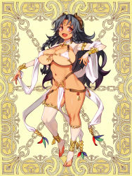 Rule 34 | 1girl, :d, armlet, asymmetrical legwear, black hair, bracelet, braid, breasts, circlet, cleavage, covered erect nipples, fang, feet, full body, horns, huge breasts, jewelry, kerberos blade, long hair, navel, no shoes, o-ring, o-ring bottom, o-ring top, open mouth, pelvic curtain, pink eyes, pubic tattoo, revealing clothes, ryoji (nomura ryouji), single thighhigh, smile, solo, standing, strap gap, tattoo, thighhighs, toeless legwear, toes, twin braids, uneven legwear, white thighhighs, yellow background