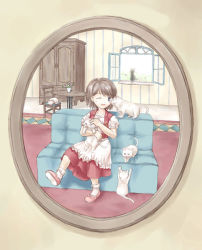 Rule 34 | 1girl, ;d, animal, apron, blush, brown hair, carpet, cat, climbing, couch, cupboard, dress, flower, full body, indoors, on couch, one eye closed, open mouth, original, plant, purple eyes, red dress, short hair, short sleeves, sitting, smile, socks, solo, table, vase, vest, white socks, window, wink