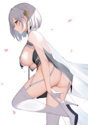 Rule 34 | 1girl, absurdres, ass, azur lane, blush, braid, breast curtains, breasts, china dress, chinese clothes, dress, flower, garter straps, gloves, grey dress, hair flower, hair ornament, half gloves, high heels, highres, large breasts, liangfen, looking at viewer, open mouth, panties, pelvic curtain, red eyes, revealing clothes, see-through, short hair, side braid, sideboob, simple background, sirius (azur lane), sirius (azure horizons) (azur lane), solo, thighhighs, thighs, underwear, white background, white footwear, white gloves, white hair, white panties, white thighhighs