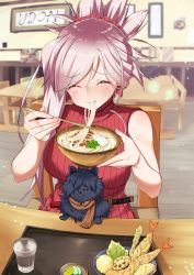 Rule 34 | 1girl, animal, animalization, asymmetrical hair, black hair, bowl, breasts, casual, chopsticks, commentary, commentary request, dog, earrings, eating, closed eyes, fate/grand order, fate (series), food, hair ornament, hair over one eye, highres, holding, holding bowl, holding chopsticks, jewelry, kawaruhi, koha-ace, large breasts, long hair, miyamoto musashi (fate), noodles, okada izou (dog) (fate), okada izou (fate), pink hair, pomeranian (dog), ponytail, scarf, solo, sword, tempura, udon, weapon