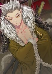 Rule 34 | 1boy, armor, black hair, bokuto koutarou, closed mouth, collar, collarbone, crossed arms, fur, fur collar, fur trim, grey hair, haikyuu!!, hemoon, katana, long sleeves, looking to the side, male focus, multicolored hair, muscular, pauldrons, short hair, shoulder armor, slit pupils, solo, spiked hair, standing, sword, tassel, traditional clothes, two-tone hair, weapon, wide sleeves, yellow eyes