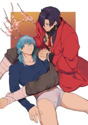 Rule 34 | 2boys, bandaged foot, bandaged leg, bandages, black hair, blue hair, blue shirt, boxer briefs, bulge, character request, cherry blossoms, chest tattoo, couple, dramatical murder, eye contact, feet out of frame, hair between eyes, holding hands, huan shi tian tong, japanese clothes, kimono, koujaku, long hair, looking at another, male focus, male underwear, medium hair, multiple boys, no pants, no shirt, pectoral cleavage, pectorals, ponytail, red kimono, seragaki aoba, shirt, spread legs, swept bangs, tattoo, thighs, toned, toned male, underwear, wet, wet clothes, wet male underwear, white male underwear, yaoi