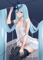 Rule 34 | 1girl, absurdly long hair, aqua hair, areola slip, arm up, armlet, azur lane, bare shoulders, black panties, blue eyes, blush, breasts, champagne (azur lane), collarbone, commentary request, cross, cross hair ornament, crown, dress, gloves, hair in own mouth, hair ornament, half gloves, highres, long hair, medium breasts, multicolored eyes, navel, panties, pink eyes, r-paka, simple background, single half glove, sitting, solo, thigh strap, thighhighs, underwear, very long hair