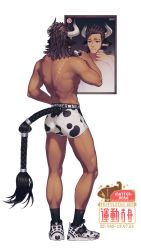 Rule 34 | 1boy, animal print, arknights, bare arms, bare back, bare shoulders, barefoot, black socks, character name, commentary request, cow boy, cow horns, cow print, cow tail, dated, full body, horns, male focus, matterhorn (arknights), mirror, muscular, muscular male, scar, scar on back, scarf, shaving, shaving beard, simple background, socks, solo, split mouth, standing, tail, tan, white background, yan wan
