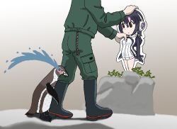Rule 34 | 10s, bird, cardboard cutout, commentary request, crying, grape-kun, highres, humboldt penguin, humboldt penguin (kemono friends), kemono friends, penguin, removing, sad, tears, zoo