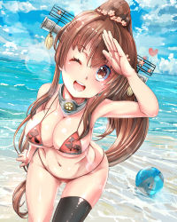 Rule 34 | 10s, 1girl, ;d, absurdres, ass, ball, bare shoulders, beach, beachball, bikini, black thighhighs, blue sky, breasts, brown eyes, brown hair, cherry blossoms, cleavage, cloud, cloudy sky, collar, day, female focus, flower, hair flower, hair ornament, headgear, heart, highres, horizon, kantai collection, kentarosu7, kikumon, kntrs (knyrs), large breasts, leaning forward, long hair, looking at viewer, navel, ocean, one eye closed, open mouth, outdoors, ponytail, round teeth, salute, sand, shiny clothes, shiny skin, single thighhigh, sky, smile, solo, standing, stomach, swimsuit, teeth, thigh gap, thighhighs, thighs, very long hair, water, yamato (kancolle)