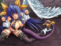 Rule 34 | 1girl, arc system works, asymmetrical wings, bare shoulders, bdsm, belt bra, black panties, black thighhighs, blue hair, bondage, boots, bound, bow, breasts, chain, cleavage, dizzy (guilty gear), female pubic hair, guilty gear, hair bow, huge breasts, long hair, lowleg, lowleg panties, nipple piercing, nipple rings, nipples, open mouth, panties, piercing, pubic hair, pubic hair peek, red eyes, ribbon, saliva, sitting, solo, spread legs, tail, tail ornament, tail ribbon, thigh strap, thighhighs, twintails, underwear, very long hair, wings