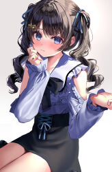 Rule 34 | 1girl, absurdres, black bow, black bowtie, black hair, black skirt, blue eyes, blue ribbon, blue shirt, blush, bow, bowtie, closed mouth, clothing cutout, commentary request, drill hair, frilled shirt, frills, hair ornament, hair ribbon, hand on own cheek, hand on own face, highres, jirai kei, long hair, long sleeves, looking at viewer, nagori suyo, nijisanji, puffy sleeves, ribbon, shirt, shoulder cutout, simple background, sitting, skirt, solo, tsukino mito, tsukino mito (14th costume), twin drills, virtual youtuber, wariza, white background