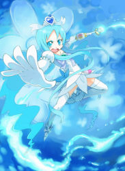 Rule 34 | 10s, 1girl, blue background, blue eyes, blue hair, brooch, cure marine, cure marine (super silhouette), dated, elbow gloves, flower tact, gloves, heart, heart brooch, heartcatch precure!, highres, jewelry, kannasetsuna, kurumi erika, long hair, magical girl, matching hair/eyes, open mouth, precure, skirt, solo, super silhouette (heartcatch precure!), thighhighs, very long hair, white thighhighs