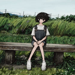 1girl absurdres black_eyes black_hair blue_overalls commentary_request day dutch_angle expressionless field floating_hair full_body grass grey_sky hands_on_lap highres knees_together_feet_apart looking_to_the_side nature on_bench open_mouth original outdoors overall_shorts overalls power_lines scenery shirt shoes short_sleeves sitting sky sneakers solo t-shirt tall_grass uniunimikan white_footwear white_shirt wind