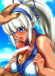 Rule 34 | 1girl, bad id, bad pixiv id, bar censor, bikini, blue eyes, blush, breasts, breasts squeezed together, censored, clothed female nude male, covered erect nipples, dark skin, fellatio, hair ribbon, hairband, hand on another&#039;s head, large breasts, licking, long hair, looking down, majikina mina, nude, ocean, oral, paizuri, paizuri under clothes, penis, piyopiyomen, ponytail, ribbon, samurai spirits, sideboob, silver hair, snk, solo focus, sweat, swimsuit