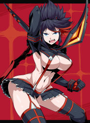 Rule 34 | 1girl, black hair, blue eyes, breasts, cleavage, gloves, highres, kill la kill, large breasts, looking at viewer, matoi ryuuko, multicolored hair, navel, open mouth, red hair, scissor blade (kill la kill), shimure (460), short hair, skirt, solo, streaked hair, thighhighs, two-tone hair