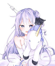 Rule 34 | azur lane, bad id, bad pixiv id, blunt bangs, bow, bridal gauntlets, clothing cutout, collarbone, crossed arms, dress, dress bow, fang, hair bun, hair ribbon, highres, holding, holding stuffed toy, ibu (eve1092), light purple hair, long hair, looking at viewer, hugging object, open mouth, ribbon, side cutout, simple background, single side bun, sitting, solo, strapless, strapless dress, stuffed toy, stuffed unicorn, stuffed winged unicorn, unicorn (azur lane), upper body, very long hair, white background, white dress