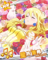 Rule 34 | 10s, 1girl, ahoge, beamed quavers, blonde hair, rabbit, card (medium), character name, earrings, flower, green eyes, hoshii miki, idolmaster, idolmaster (classic), idolmaster million live!, jewelry, lens flare, long hair, musical note, necklace, official art, pink flower, pink rose, purple flower, purple rose, red flower, red rose, rose