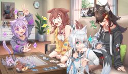 Rule 34 | +++, 4girls, ahoge, animal ear fluff, animal ears, arm up, armpits, black choker, black hair, black hoodie, blush, bone hair ornament, braid, brown hair, card, cat ears, cat girl, cat tail, chest of drawers, choker, clock, closed eyes, collar, commentary request, couch, detached sleeves, dog ears, dog girl, dog tail, fox ears, fox girl, fox shadow puppet, fox tail, fubuchun, green eyes, grey hoodie, hair between eyes, hair ornament, hairclip, hatotaurus (ookami mio), highres, holding, holding card, hololive, hololive gamers, hood, hoodie, indoors, inugami korone, inugami korone (1st costume), jacket, kayuchun, korochun, listener (inugami korone), miochun, multiple girls, nekomata okayu, nekomata okayu (1st costume), nyoon, o o, off shoulder, ookami mio, ookami mio (casual), open clothes, open jacket, open mouth, oruyanke (shirakami fubuki), outstretched arm, pentagram, pillow, plant, playing card, purple eyes, purple hair, red hair, shirakami fubuki, shirakami fubuki (1st costume), shirt, sidelocks, single braid, sitting, smug, sparkle, table, tail, tearing up, twin braids, v, virtual youtuber, white hair, white hoodie, white shirt, window, wolf ears, wolf girl, wolf tail, yellow jacket
