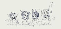 Rule 34 | 4girls, admire vega (umamusume), afterimage, animal ears, arm up, armpits, bangs pinned back, bare shoulders, blush, breasts, cleavage, covering privates, closed eyes, flat chest, greyscale, grin, hair bun, hair up, highres, holding own arm, horse ears, large breasts, mame nabe donko, meisho doto (umamusume), monochrome, multiple girls, naked towel, narita top road (umamusume), nose bubble, nude cover, open mouth, partially submerged, raised eyebrows, rubber duck, short hair, small breasts, smile, speech bubble, steam, stretching, t.m. opera o (umamusume), teeth, towel, towel around neck, towel on head, umamusume, upper body, v-shaped eyebrows, water, wet, wet hair
