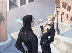 Rule 34 | 2boys, black sclera, blonde hair, blue eyes, city, colored sclera, fountain, hat bobbles, jewelry, jojo no kimyou na bouken, male focus, multiple boys, necklace, prosciutto, red eyes, risotto nero, stairs, vento aureo, yepnean