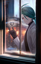 Rule 34 | 00kashian00, 1girl, absurdres, ahoge, bright pupils, brown gloves, building, closed mouth, coat, commentary request, creatures (company), earrings, game freak, glass writing, gloves, green hair, grey coat, hand up, heart, highres, jewelry, long hair, long sleeves, looking at viewer, looking inside, nintendo, pokemon, pokemon sv, red eyes, rika (pokemon), smile, solo, white pupils, window