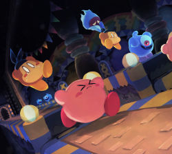 Rule 34 | &gt; &lt;, bandana, bandana waddle dee, blue bandana, character request, closed eyes, closed mouth, crying, crying with eyes open, fangs, highres, horror tramp, kirby, kirby (series), looking at another, nintendo, one-eyed, phanta (kirby), red eyes, skin fangs, spookstep, suyasuyabi, tears