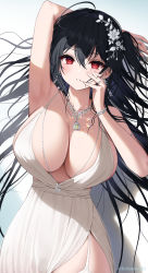 Rule 34 | 1girl, absurdres, arm up, armpits, azur lane, bare shoulders, black hair, bracelet, breasts, cleavage, collarbone, cowboy shot, dress, flower, garter straps, hair between eyes, hair flower, hair ornament, highres, jewelry, kohanayuki, large breasts, long hair, looking at viewer, lying, messy hair, necklace, official alternate costume, on back, red eyes, side slit, sidelocks, solo, taihou (azur lane), taihou (temptation on the sea breeze) (azur lane), thighs, twitter username, white background, white dress