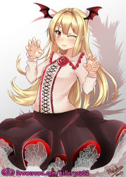 Rule 34 | 10s, 1girl, black pantyhose, blonde hair, blush, breasts, claw pose, cross-laced clothes, fang, fang out, flower, frilled skirt, frills, granblue fantasy, head wings, heart, heart-shaped pupils, highres, long hair, long sleeves, looking at viewer, nekobox, one eye closed, pantyhose, petticoat, red eyes, revision, rose, shingeki no bahamut, shirt, skirt, small breasts, smile, solo, symbol-shaped pupils, thighhighs, vampire, vampy, white shirt, wings