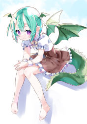 Rule 34 | 1girl, amimi, bare legs, barefoot, black skirt, buttons, crossed bangs, dot nose, dragon girl, dragon tail, dragon wings, dress, frilled skirt, frilled sleeves, frills, green hair, green tail, highres, horns, light blush, light smile, looking at viewer, oni horns, original, own hands together, puffy short sleeves, puffy sleeves, purple eyes, shadow, short sleeves, sitting, skirt, solo, tail, toes, white background, white dress, wings, wrist cuffs