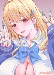 Rule 34 | 1girl, :d, blonde hair, blue bow, blue bowtie, blue jacket, blush, bow, bowtie, breasts, brown eyes, claw ring, cleavage, collared shirt, conakiggy, goddess of victory: nikke, hair ornament, heart, highres, huge breasts, jacket, jewelry, long hair, multiple rings, off shoulder, open clothes, open jacket, open mouth, partially unbuttoned, ring, shirt, simple background, sleeves past wrists, smile, solo, tia (nikke), twitter username, white background, white shirt