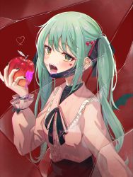 Rule 34 | 1girl, absurdres, apple, black bow, black nails, black skirt, blush, bow, collared shirt, commentary request, dress shirt, fangs, food, frilled shirt collar, frills, fruit, green eyes, green hair, hair bow, hair ornament, hand up, hatsune miku, heart, heart hair ornament, highres, holding, holding food, holding fruit, long hair, long sleeves, looking at viewer, mask, mask pull, mouth mask, nail polish, open mouth, pink shirt, puffy long sleeves, puffy sleeves, red apple, shirt, sira (user dswn7488), skirt, solo, twintails, vampire (vocaloid), very long hair, vocaloid