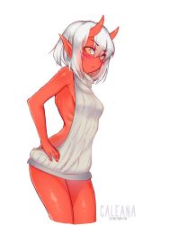 Rule 34 | 1girl, :&lt;, backless dress, backless outfit, bare shoulders, blush, breasts, caleana, colored skin, cowboy shot, cropped legs, dress, from side, hair between eyes, hand on own hip, highres, horns, looking at viewer, meme attire, monster girl, naked sweater, oni, oni horns, original, pointy ears, red oni, red skin, ribbed sweater, short hair, silver hair, simple background, small breasts, solo, sweater, sweater dress, thighs, turtleneck, turtleneck sweater, virgin killer sweater, watermark, web address, white background, yellow eyes