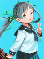 Rule 34 | 1girl, :d, ahoge, blue background, briefcase, brown eyes, green ribbon, grey hair, hair ribbon, hakozaki serika, hand up, highres, idolmaster, idolmaster million live!, imai hiyoko, long sleeves, looking at viewer, open mouth, ribbon, school uniform, simple background, smile, solo, standing, twintails, upper body