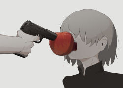 Rule 34 | 1boy, 1other, absurdres, apple, avogado6, beretta px4 storm, black shirt, commentary request, covered eyes, eating, finger on trigger, food, fruit, grey hair, gun, gun to head, hair over eyes, highres, holding, holding gun, holding weapon, open mouth, original, red apple, shirt, simple background, weapon, white background