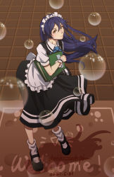 Rule 34 | 1girl, apron, aqua bow, artist name, artist request, back bow, bare legs, black dress, black footwear, black skirt, blue hair, blush, book, bow, bowtie, breasts, brown eyes, bubble, checkered floor, collared dress, dress, female focus, floating hair, floor, frilled apron, frilled shirt collar, frills, full body, hair between eyes, highres, hip focus, holding, holding book, long hair, looking at viewer, love live!, love live! school idol project, maid, maid apron, maid headdress, miniskirt, parted lips, plaid, plaid dress, plaid skirt, pleated, pleated dress, pleated skirt, puffy short sleeves, puffy sleeves, shoes, short sleeves, skirt, smile, socks, solo, sonoda umi, standing, wavy hair, white apron, white bow, white headdress, white wrist cuffs, wrist cuffs, yellow eyes