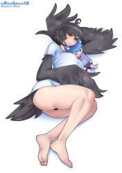 Rule 34 | 1girl, absurdres, ahoge, artist name, barefoot, bird tail, black panties, blush, breasts, doll, feathers, feet, harpy, highres, impossible clothes, impossible shirt, large breasts, legs, looking at viewer, monster girl, orange eyes, original, panties, rawgreen, reclining, shirt, simple background, slit pupils, smile, soles, solo, tail, toenails, toes, underwear, vinny the pigeon harpy, white background, white shirt, winged arms, wings