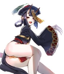 Rule 34 | 1girl, ass, black dress, bow (bhp), braid, commentary request, dress, fang, fate/grand order, fate (series), fingernails, hat, heroic spirit chaldea park outfit, hikimayu, horns, jiangshi, long fingernails, long hair, looking at viewer, maebari, nail polish, ofuda, ofuda on pussy, open mouth, partially visible vulva, pelvic curtain, pointy ears, purple hair, qingdai guanmao, red eyes, sharp fingernails, shuten douji (fate), shuten douji (festival outfit) (fate), simple background, single braid, skin-covered horns, skin fang, solo, talisman, white background, wide sleeves