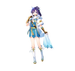 Rule 34 | 1girl, absurdres, ahoge, alternate costume, arm guards, asahikawa hiyori, belt, boots, commentary, dress, feather trim, fingerless gloves, fir (fire emblem), fire emblem, fire emblem: the binding blade, fire emblem heroes, full body, fur trim, gloves, gold trim, gradient clothes, hair ornament, hand up, highres, holding, knee boots, long hair, nintendo, official alternate costume, official art, open mouth, purple eyes, purple hair, scarf, short dress, short sleeves, side ponytail, simple background, smile, solo, standing, white background