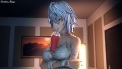 Rule 34 | 1girl, 20s, 3d, artist name, bandaged arm, bandages, bandai, bare shoulders, between breasts, breasts, bubble tea, bubble tea challenge, cleavage, cleavage cutout, clothing cutout, code vein, crossed arms, cup, darknessringo, dress, drink, drinking, drinking straw, female focus, gown, hair between eyes, highres, indoors, io (code vein), jewelry, large breasts, light, namco, necklace, pale skin, short hair, solo, standing, straw, tea, torn clothes, upper body, vampire, white background, white hair, yellow eyes