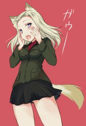 Rule 34 | 10s, 1girl, abenattou, animal ears, black skirt, blonde hair, blue eyes, clara (girls und panzer), cowboy shot, dog ears, dog tail, girls und panzer, green jacket, jacket, kemonomimi mode, long hair, long sleeves, looking at viewer, miniskirt, open mouth, parted bangs, pleated skirt, red background, red shirt, school uniform, shirt, simple background, skirt, smile, solo, standing, tail, turtleneck