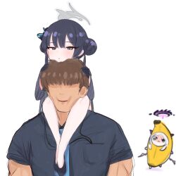 Rule 34 | 1boy, 2girls, banana costume, black hair, blue archive, butterfly hair ornament, chinese clothes, double bun, dress, faceless, faceless male, gloves, hair bun, hair ornament, halo, highres, hina (blue archive), kisaki (blue archive), multiple girls, sensei (blue archive), shiming liangjing, sitting on shoulder, tearing up, twintails, white background