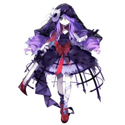 Rule 34 | 1girl, anira (benghuai xueyuan), bandaged arm, bandaged leg, bandages, benghuai xueyuan, black dress, black eyes, black gloves, black veil, blood, bloody weapon, bow, bright pupils, cape, closed mouth, crinoline, dress, drill hair, eyes visible through hair, female focus, full body, gloves, hair over one eye, holding, holding weapon, honkai (series), machete, mary janes, mask, mask on head, official art, pale skin, purple hair, red bow, red cape, red footwear, shoes, simple background, solo, third-party source, transparent background, veil, waist bow, weapon, white pupils