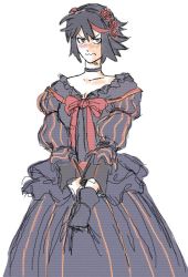 Rule 34 | 10s, 1girl, angry, beatrice (cosplay), beatrice (umineko), black dress, black hair, black skirt, blush, breasts, choker, cleavage, closed mouth, cosplay, dress, female focus, gloves, goth fashion, gothic lolita, gutsbro14, hair ornament, hairband, hands on own thighs, kill la kill, lolita fashion, looking at viewer, matoi ryuuko, multicolored hair, own hands together, red hair, red ribbon, ribbon, short hair, simple background, skirt, solo, standing, tomboy, two-tone hair, umineko no naku koro ni, white background