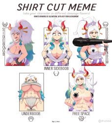 Rule 34 | !, 1girl, abs, absurdres, annoyed, aqua hair, bandages, breasts, breasts apart, budget sarashi, chain, chart, cleavage, clenched hand, club, club (weapon), collaboration, collarbone, commentary, covered erect nipples, cowboy shot, cuffs, curled horns, dated, disgust, english commentary, english text, from below, fundoshi, green hair, grin, groin, hair ornament, hair stick, hand on own hip, hand up, hands on own hips, high ponytail, highres, holding, holding weapon, horns, huge breasts, japanese clothes, kanabou, kimono, lewdamone, lewdssonk, long hair, looking at viewer, looking down, meme, multicolored hair, multicolored horns, multiple drawing challenge, multiple views, muscular, muscular female, navel, one piece, oni, open mouth, pasties, plunging neckline, raised eyebrow, red eyes, red horns, rope, sarashi, shackles, shimenawa, shirt cut meme, sideboob, skull, sleeveless, sleeveless kimono, smile, steaming body, stomach, surprised, sweat, topless, underboob, underwear, underwear only, upper body, v-shaped eyebrows, very long hair, weapon, white hair, yamato (one piece), yellow horns