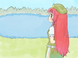 Rule 34 | 1girl, bad id, bad pixiv id, blue eyes, braid, china dress, chinese clothes, dress, female focus, hat, hong meiling, lake, long hair, nature, outdoors, plant, red hair, rias-shiki kawaii, sky, solo, embodiment of scarlet devil, touhou