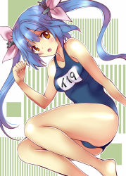 Rule 34 | 10s, 1girl, barefoot, blue hair, breasts, brown eyes, feet, hair ornament, hair ribbon, hoshino madoka, i-19 (kancolle), kantai collection, long hair, medium breasts, name tag, one-piece swimsuit, open mouth, ribbon, school swimsuit, solo, swimsuit, twintails