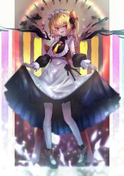 Rule 34 | 1girl, absurdres, apron, blonde hair, clothes lift, flandre scarlet, getsurai, hair ribbon, highres, maid, maid apron, maid day, maid headdress, necktie, open mouth, red ribbon, ribbon, side ponytail, skirt, skirt lift, solo, sparkle, touhou, yellow necktie