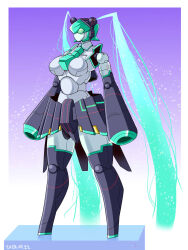 Rule 34 | 1girl, dated, energy hair, full body, gradient background, hatsune miku, highres, humanoid robot, itini-sanshi, long hair, looking afar, mecha, mechanization, purple background, robot, solo, sparkle, standing, star (symbol), very long hair, vocaloid