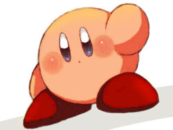 Rule 34 | 1boy, blue eyes, blush, blush stickers, boots, colored skin, commentary, full body, kirby, kirby (series), looking at viewer, lowres, nintendo, no humans, parted lips, pink skin, red footwear, shadow, simple background, solo, tokuura, white background